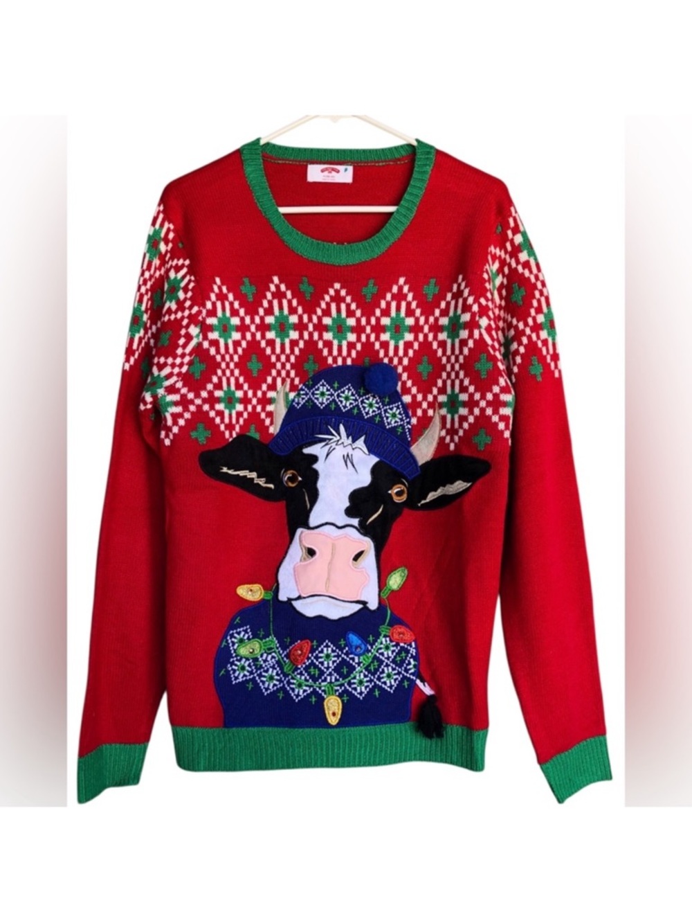 Holiday Time Sweater Mens Large Red Christmas Cow Ugly Novelty
